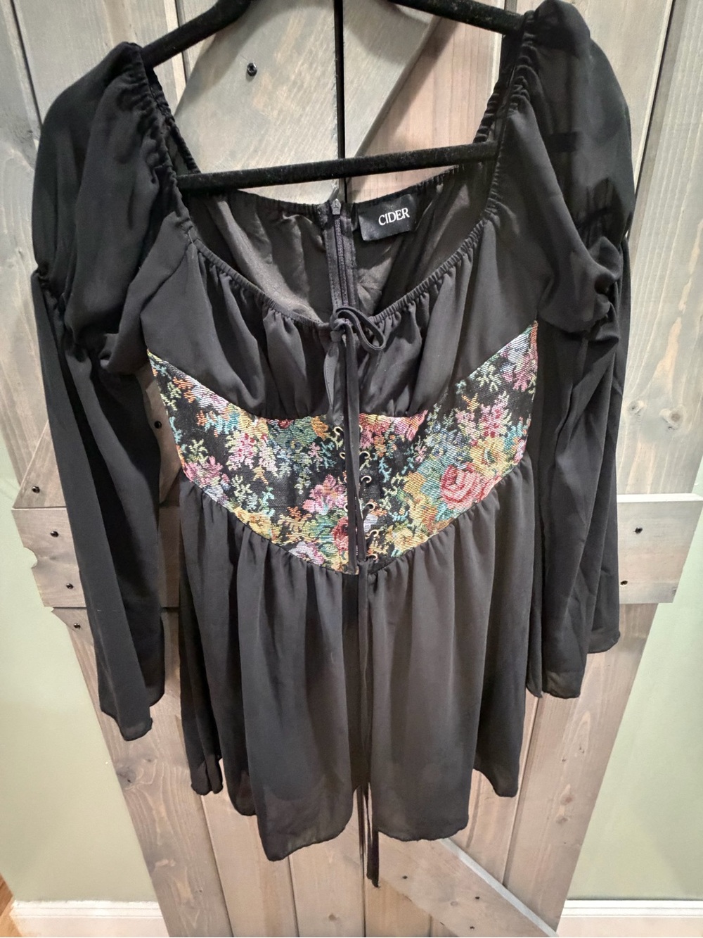 Cider Women’s Small Black Floral Corset Mini Dress Sheer Bell Sleeves Lace Up